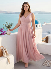 A-Line/Princess Chiffon V-Neck Sleeveless With Pleats Floor-Length Lace Up Plus Size Bridesmaid Dresses Light Pink