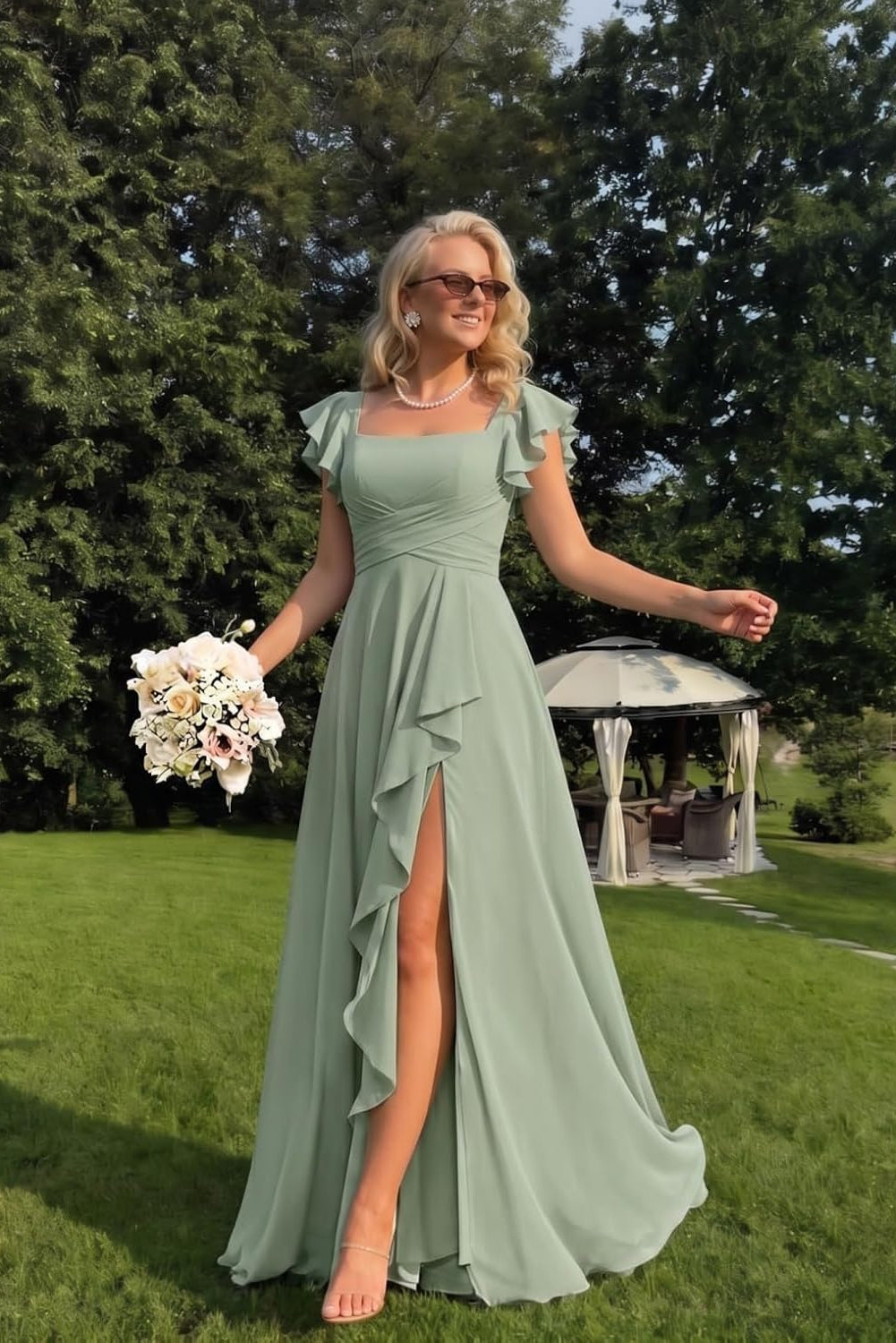 Cascading Ruffle Chiffon Bridesmaid Dress with Flutter Sleeves and Slit