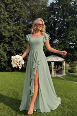 Cascading Ruffle Chiffon Bridesmaid Dress with Flutter Sleeves and Slit