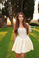 A Line Homecoming Dress Cap Sleeve Strapless Satin Short Cocktail Dress With Lace Appliques