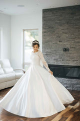 A-Line Wedding Dress with Long Lace Sleeves and Illusion Neckline