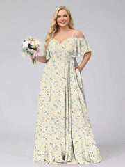 A-Line/Princess Cold Shoulder Short Sleeves Ruched Plus Size Floral Bridesmaid Dresses