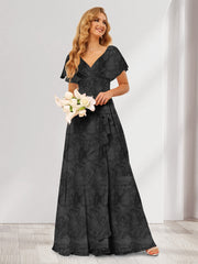 A-Line/Princess V-Neck Long Floral Bridesmaid Dresses with Ruffles Black
