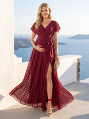 A-Line/Princess V-Neck Ruched Long Maternity Bridesmaid Dresses with Pleats & Split Side As Picture