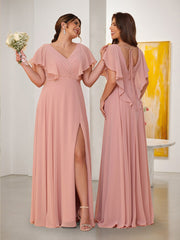 A-Line/Princess V-Neck Short Sleeves Floor-Length Ruched Bridesmaid Dresses With Side Slit Dusty Rose