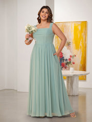 Chiffon A-Line/Princess Square Neck Sleeveless Plus Size Bridesmaid Dresses with Pleats As Picture