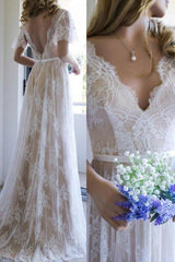 A Line Beach Wedding Dress V Neck Lace Short Sleeves Boho Bridal Gown