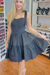 A-Line Black Homecoming Dress Adjustable Straps Corset Short Prom Dress with Ruffles