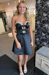 A-Line Black Homecoming Dress Strapless Satin Short Prom Dress with Bow