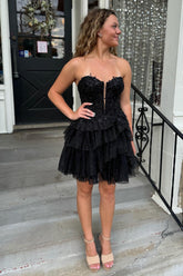 A-Line Black Homecoming Dress Strapless Short Prom Dress with Lace