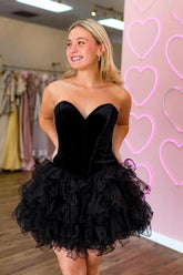A-Line Black Homecoming Dress Strapless Velvet Short Corset Prom Dress with Ruffles