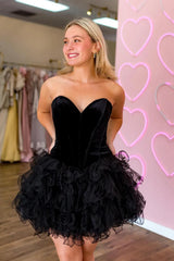 A-Line Black Homecoming Dress Strapless Velvet Short Corset Prom Dress with Ruffles