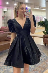 A-Line Black Homecoming Dress V-neck Short Prom Dress with Puff Sleeves