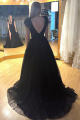 A Line Black Prom Dress Sequined Long Evening Dress with Slit