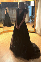 A Line Black Prom Dress Sequined Long Evening Dress with Slit