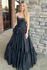 A Line Black Prom Dress Strapless Corset Long Pleated Evening Dress with Bow