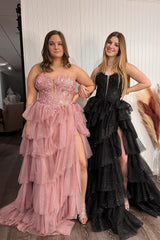 A Line Black Prom Dress Sweetheart Tulle Long Corset Evening Dress with Appliques