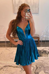 A-Line Blue Homecoming Dress Spaghetti Straps Metallic Short Cocktail Dresses