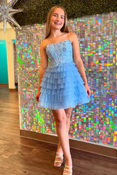 A Line Blue Homecoming Dress Strapless Corset Short Prom Dress with Ruffles