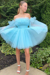 A-Line Blue Homecoming Dress Tulle Short Prom Dress with Detachable Long Sleeves