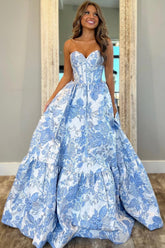 A-Line Blue Sweetheart Floral Corset Long Prom Dress