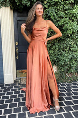 A Line Bridesamid Dress Spaghetti Straps Blush Long Prom Dress with Split Front