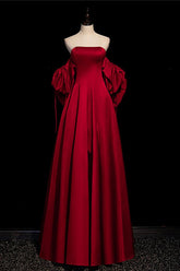 A Line Burgundy Prom Dress Long Satin Formal Evening Dress