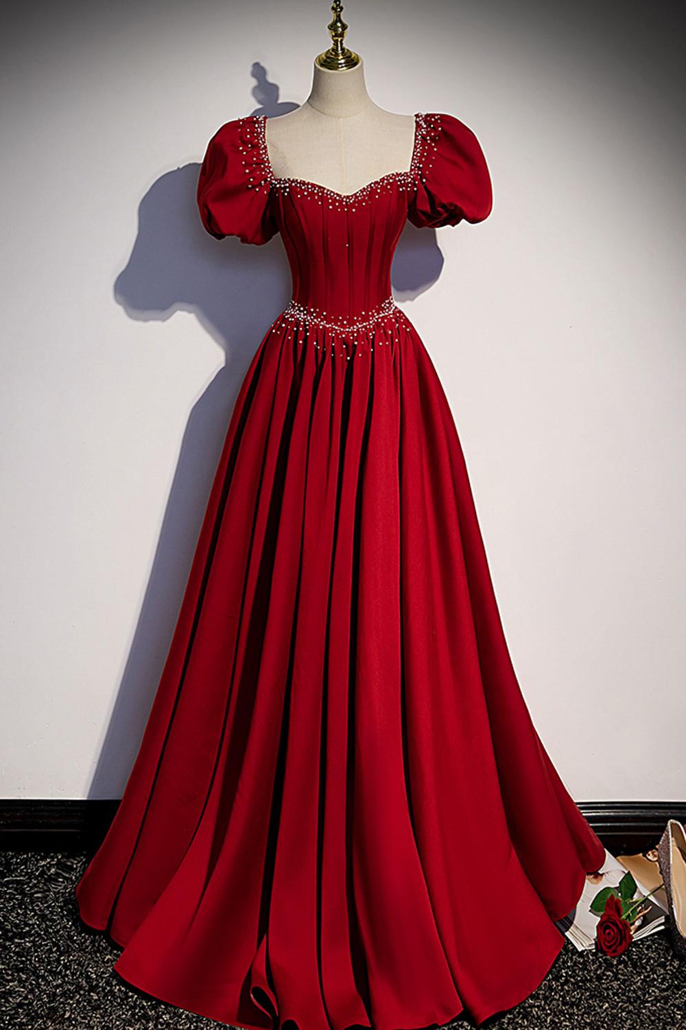 A Line Burgundy Prom Dress Satin Long Formal Party Dress Evening Dress