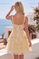 A Line Butter Yellow Lace V-Neck Ruffled Short Corset Homecoming Dress