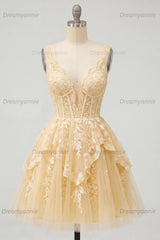 A Line Butter Yellow Lace V-Neck Ruffled Short Corset Homecoming Dress