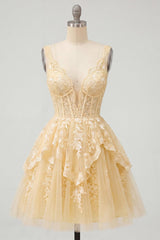 A Line Butter Yellow Lace V-Neck Ruffled Short Corset Homecoming Dress