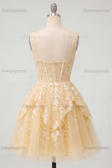 A Line Butter Yellow Lace V-Neck Ruffled Short Corset Homecoming Dress