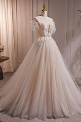 A Line Champagne Prom Dress Lace Long Formal Evening Dress