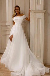 A Line Chiffon Tulle Off The Shoulder Sleeveless White Wedding Dress Bridal Gown With Split Front