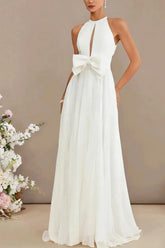 A Line Cowl Neck Sleeveless Sweep Train Chiffon Wedding Dress with Bow and Pockets