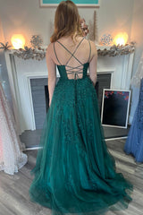 A-Line Dark Green Prom Dress Spaghetti Straps Tulle Long Evening Dress with Appliques