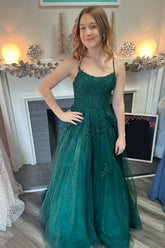 A-Line Dark Green Prom Dress Spaghetti Straps Tulle Long Evening Dress with Appliques