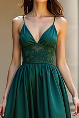 A Line Dark Green Wedding Guest Dress Satin Backless Long Formal Dress