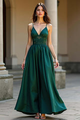 A Line Dark Green Wedding Guest Dress Satin Backless Long Formal Dress
