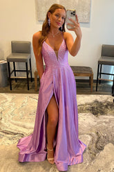 A Line Deep V Neck Purple Long Prom Dress with Beadings