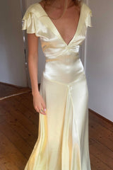 A Line Deep V Neck Yellow Long Party Dress With Open Back Formal Evening Gown
