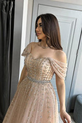 A Line Formal Dress Off the Shoulder Beaded Prom Evening Gown