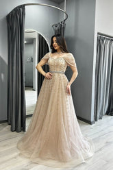 A Line Formal Dress Off the Shoulder Beaded Prom Evening Gown