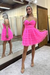 A-Line Fuchsia Homecoming Dress Strapless Tiered Tulle Short Cocktail Dresses with Keyhole