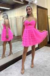 A-Line Fuchsia Homecoming Dress Strapless Tiered Tulle Short Prom Dress with Keyhole