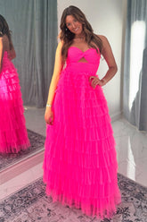 A-Line Fuchsia Prom Dress Tiered Sweetheart Hollow Out Long Formal Dress