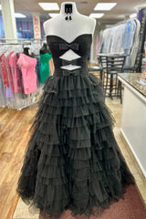 A Line Fuchsia Strapless Tiered Tulle Long Prom Dress with Bow