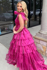 A Line Fuchsia Tiered Prom Dress V Neck Tulle Long Evening Dress