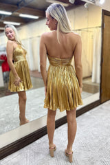 A Line Golden Homecoming Dress Criss Cross Halter Pleated Short Prom Dress