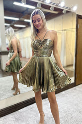 A Line Golden Homecoming Dress Halter Short Prom Dress with Keyhole